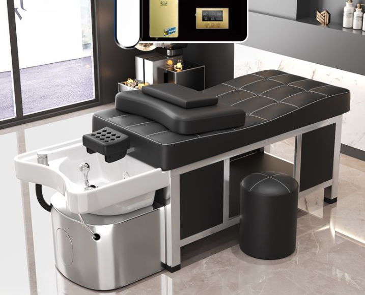 Reclining sofa-style head spa bed with built-in foot bath and electric adjustment.png
