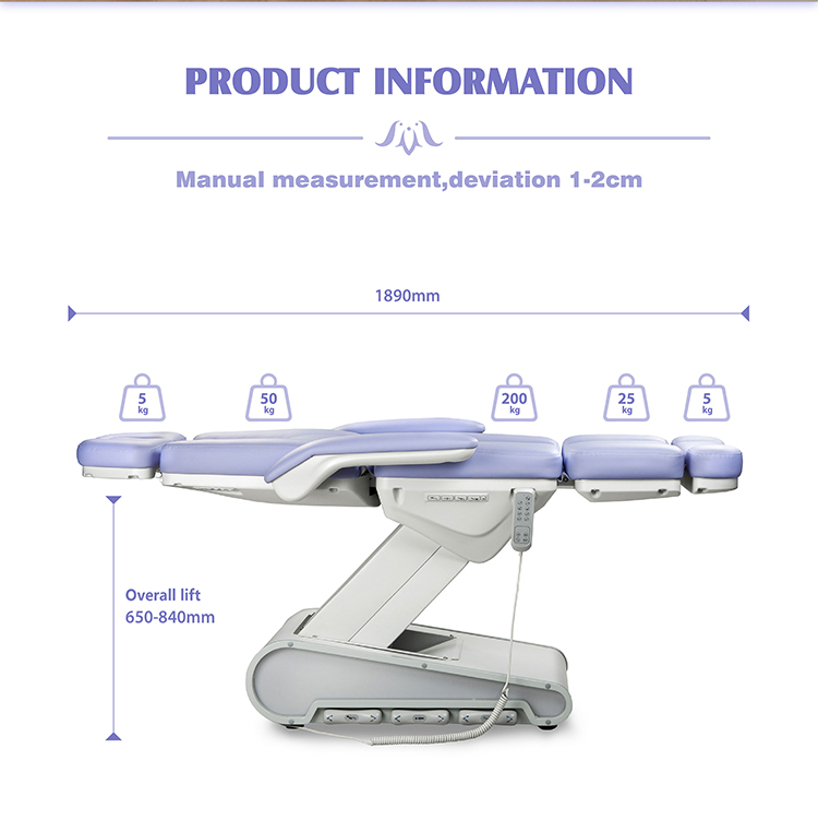 Side view of M12A2-4 electric beauty bed showing 1890mm length and 650–840mm height adjustment