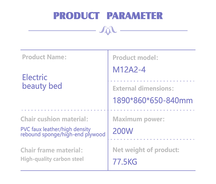 Technical parameters of M12A2-4 electric beauty bed with carbon steel frame and 200W power