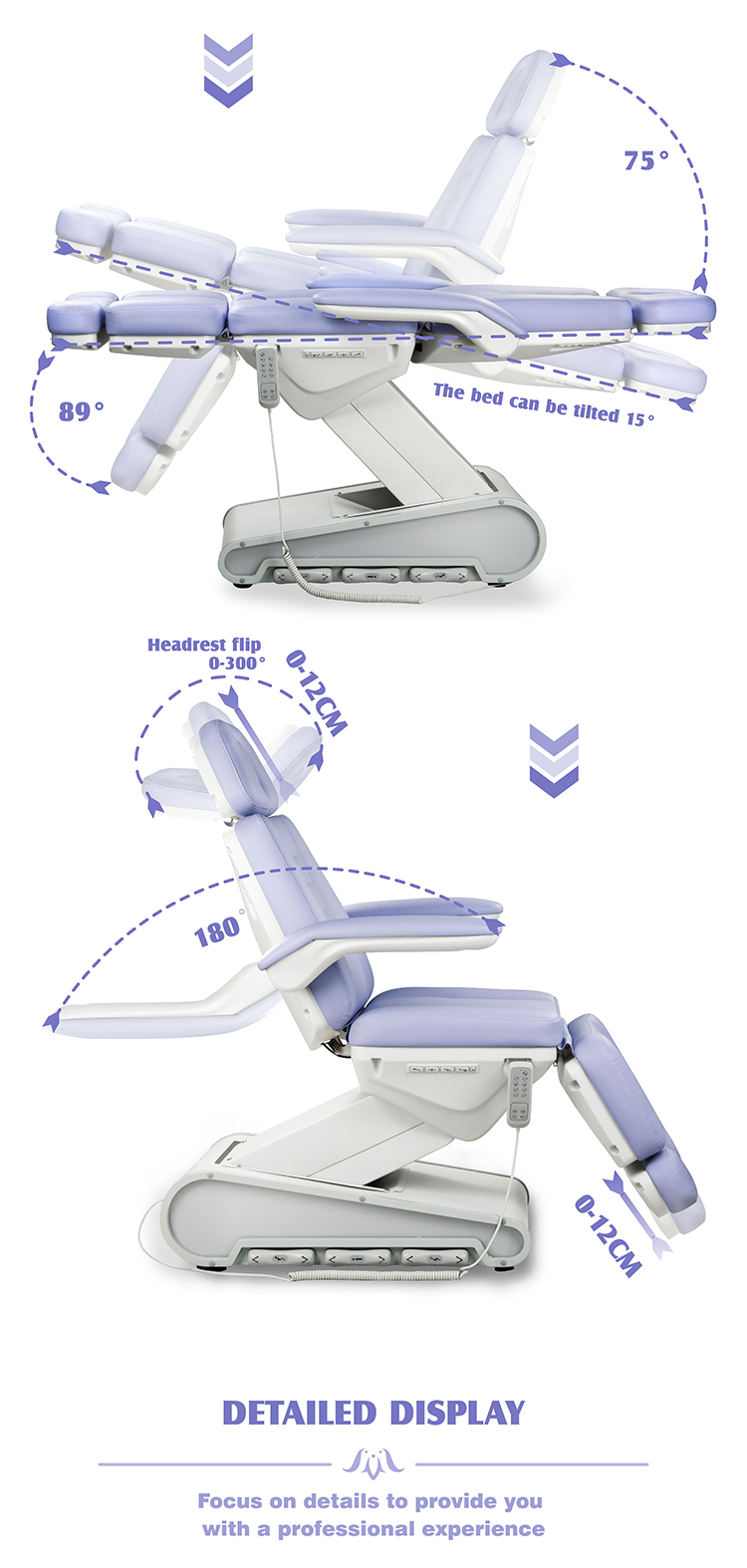 M12A2-4 facial bed tilt and angle display with 15° tilt and adjustable headrest